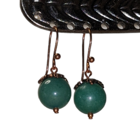 Handmade Round Green Aventurine Gemstone Copper Leaf Dangle Earrings - Picture 2 of 4